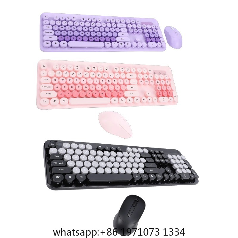 Laptop Mouse - คีย์บอร์ดไร้สาย คีย์บอร์ดและเมาส์น่ารักไร้สาย 104 ปุ่ม คีย์บอร์ดสไตล์เครื่องพิมพ์ดีด คีย์แคปทรงกลมแบบเรโทร