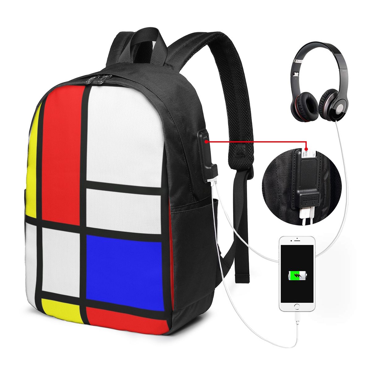 Laptop Bag - พีเอ็ต มอนดริแอน คอมโพซิชั่นกระเป๋าเป้สะพายหลังกระเป๋าใส่โน๊ตบุ๊คสำหรับเดินทางคอมพิวเตอร์กระเป๋านักเรียนนักศึกษากระเป๋าสะพายแล็ปท็อปสำหรับผู้ชายผู้หญิง