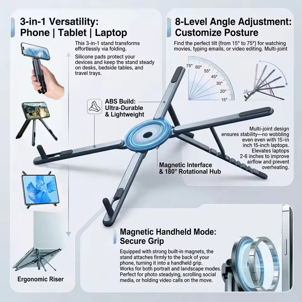 Laptop Stand - ที่วางโทรศัพท์แม่เหล็กแบบพกพาและไม้เซลฟี่ 3-in-1 ขาตั้งกล้องพับได้สำหรับใช้งานกับ iPhone, iPad, แท็บเล็ต,