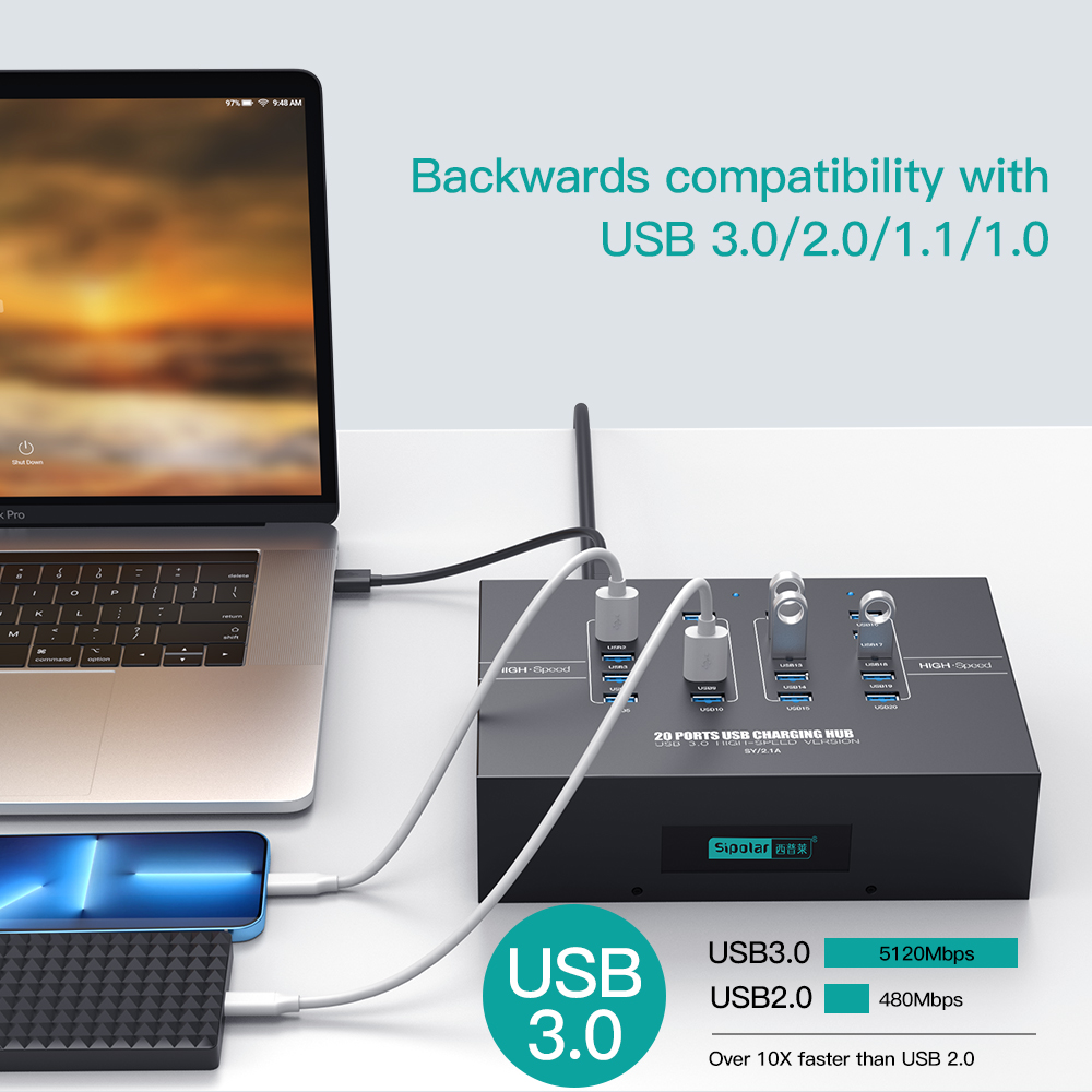 ฮับชาร์จ USB 3.0 แบบ 20 พอร์ต  - Usb Hub บทวิจารณ์และราคา